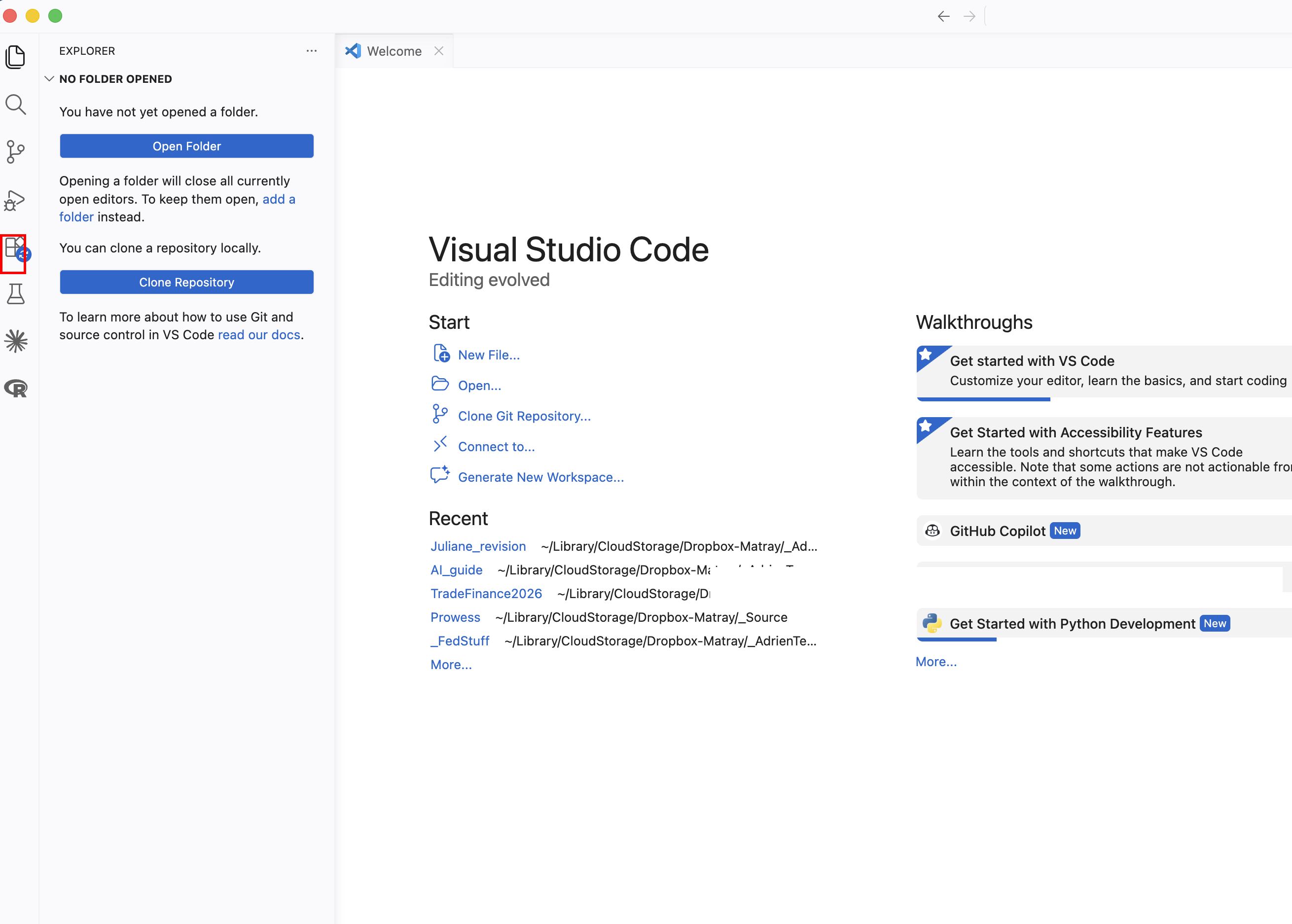 The VS Code Welcome screen with no folder open. A red box highlights the Extensions icon in the left sidebar, which is where you click to install Claude Code.