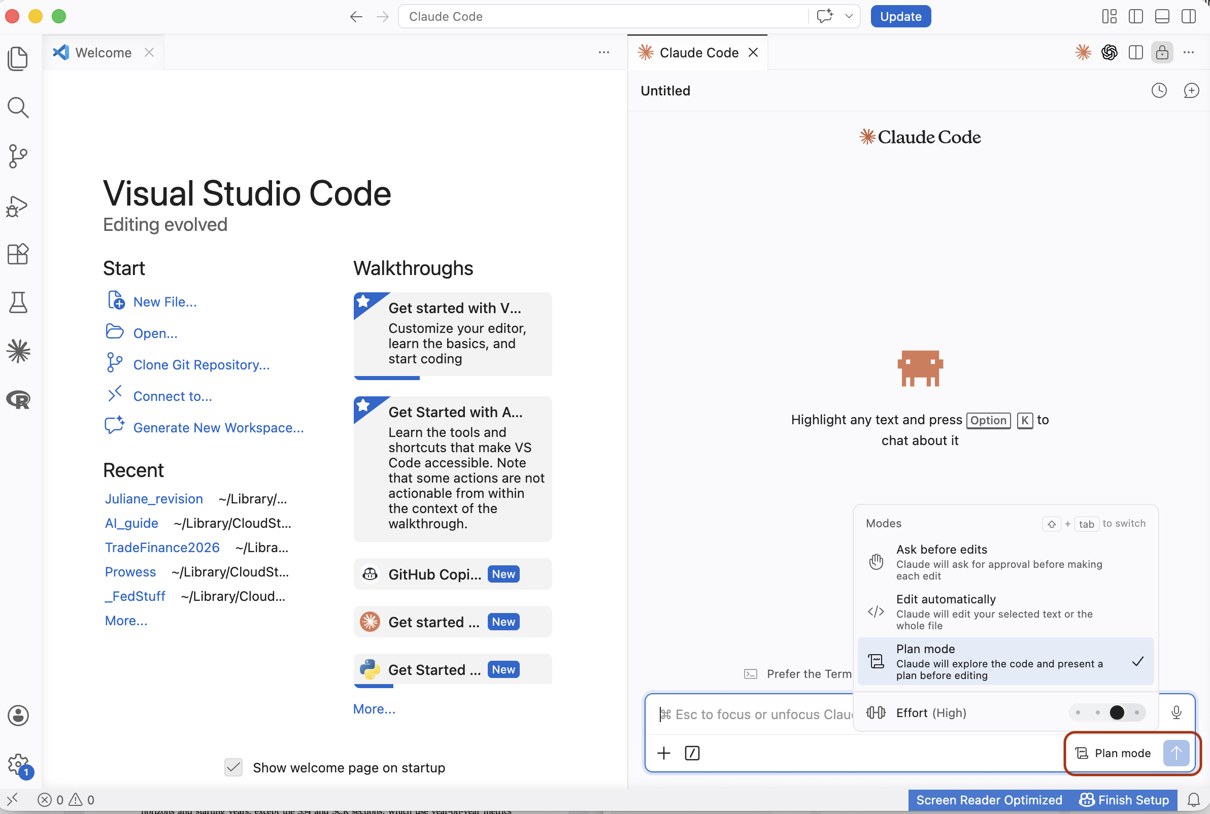 The Claude Code panel in VS Code showing the mode selector. Plan mode is selected, indicated by a checkmark next to 'Plan mode' and the label visible at the bottom of the panel.