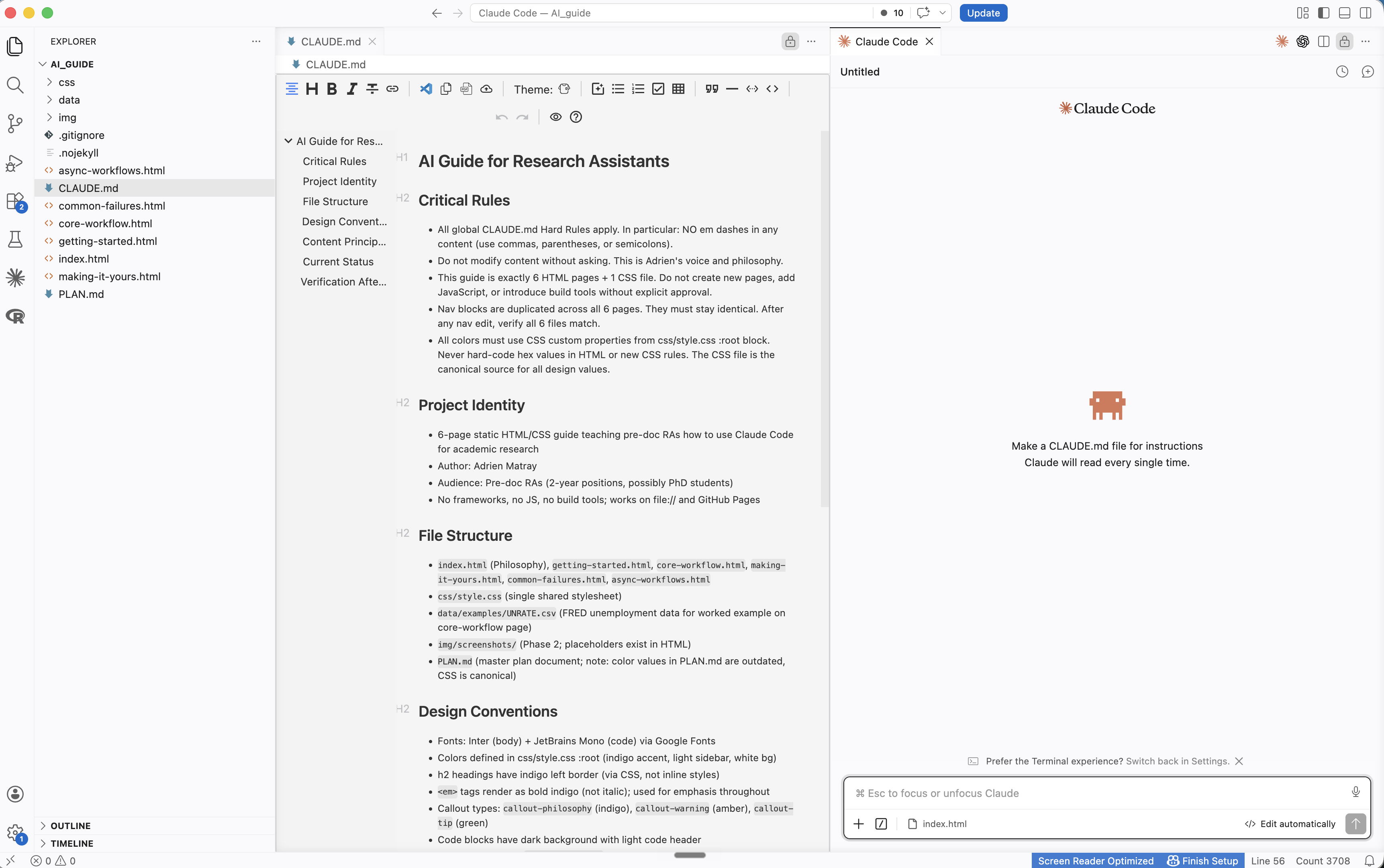VS Code with a project folder open in the Explorer sidebar, a document open in the central editor, and the Claude Code conversation panel on the right.